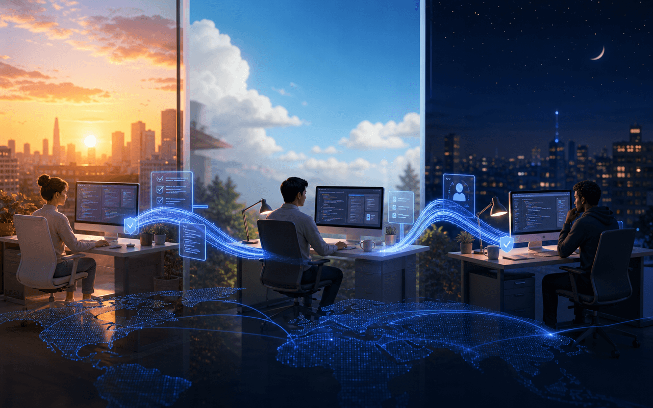 Distributed engineering work moving clearly between teams in different time zones
