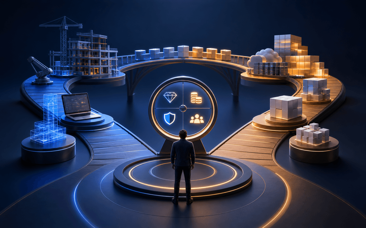 Two software investment paths being compared against business value and long-term ownership