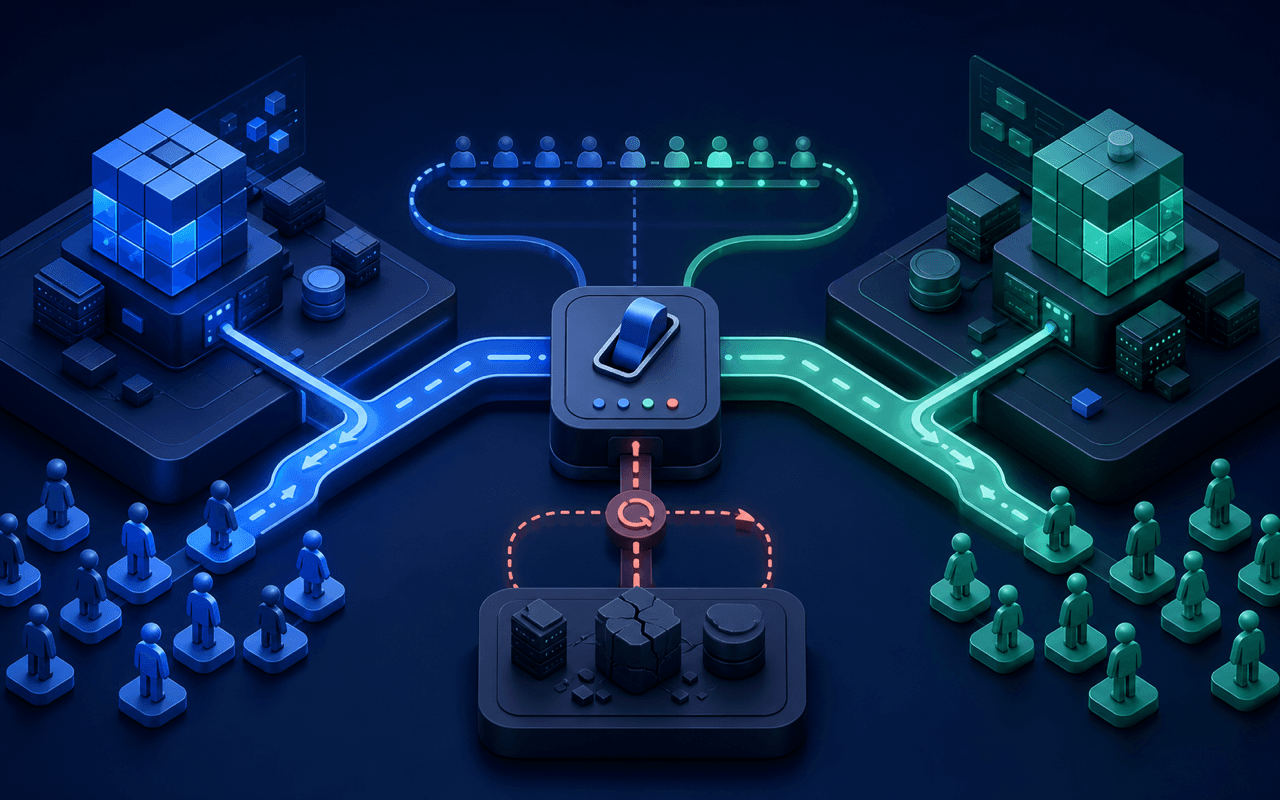 Software release controls routing users safely between feature states