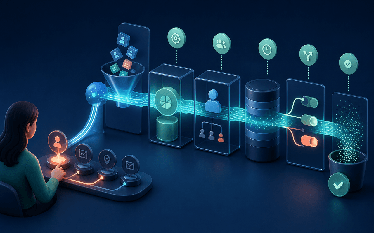 Personal data moving through a digital product with visible purpose, access, retention, and deletion controls
