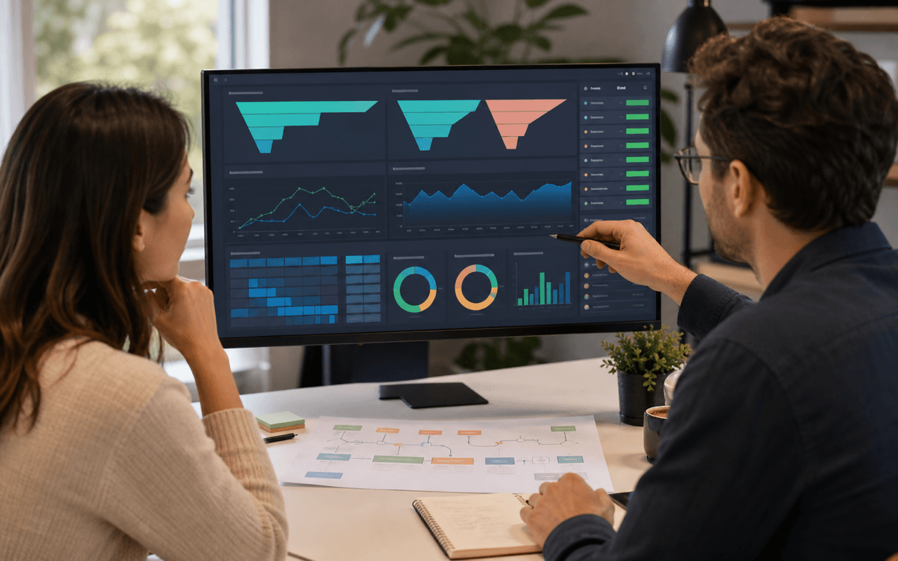 Product team reviewing a carefully structured analytics dashboard