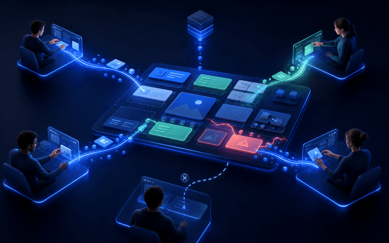 Several users editing one shared digital workspace through synchronized product state