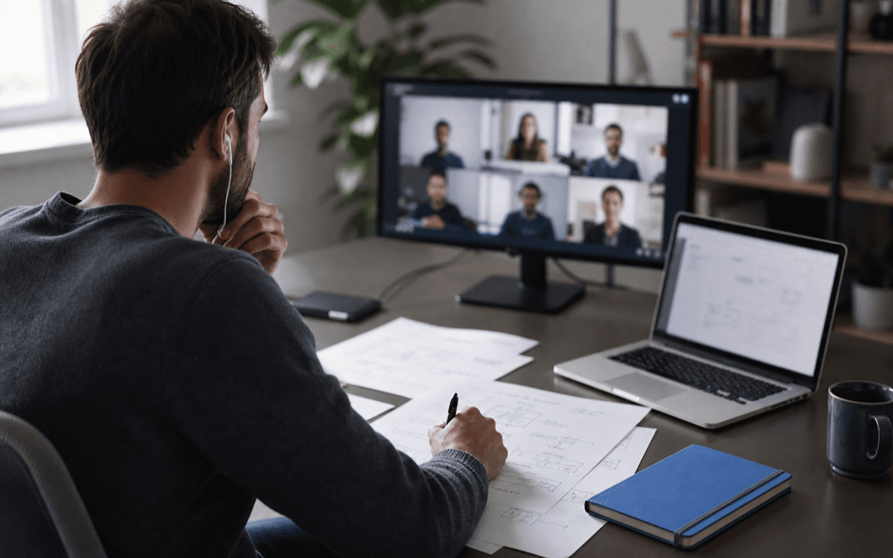 Remote engineer joining a team workshop while reviewing architecture notes