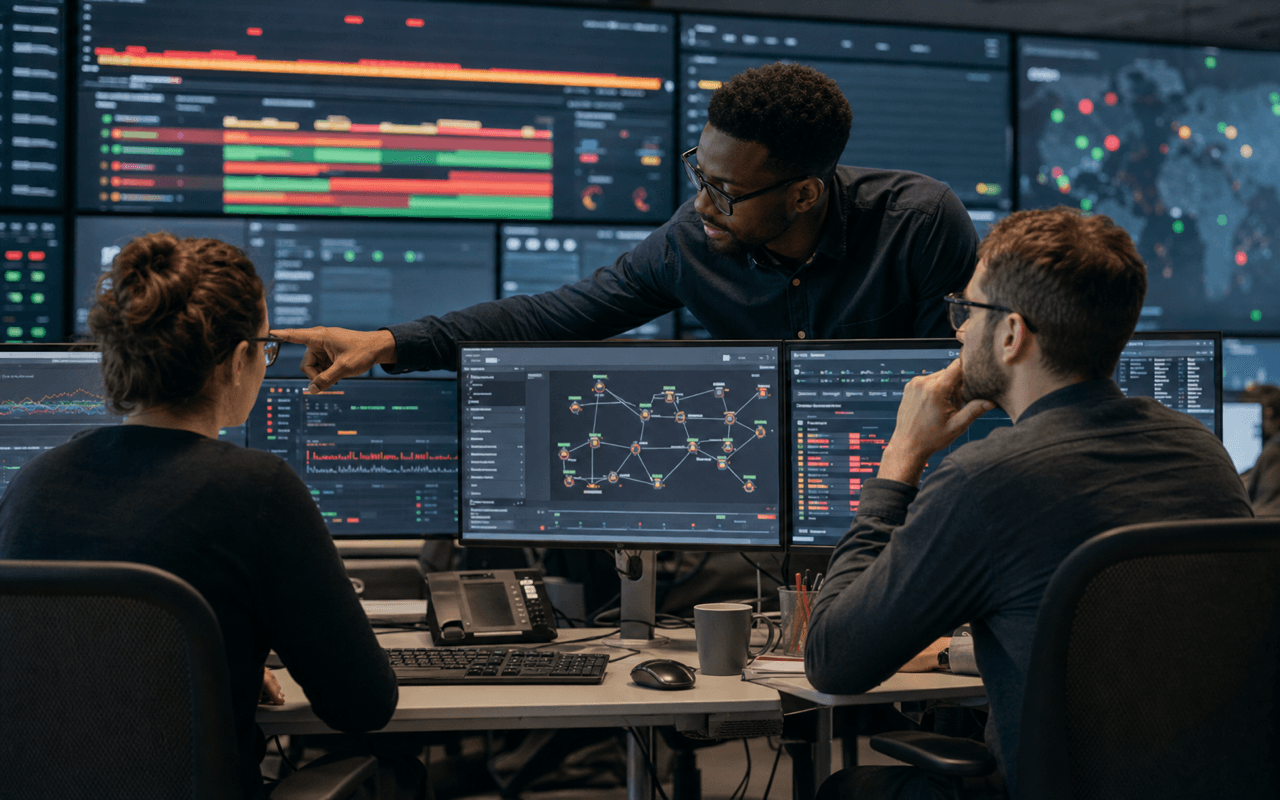 SaaS operations team coordinating an incident response from monitoring screens