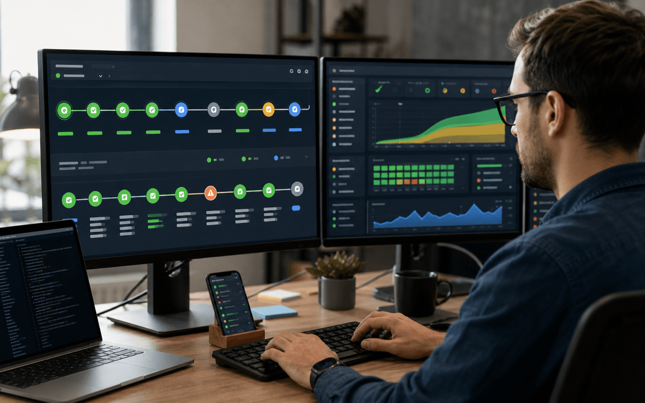 Software delivery pipeline displayed across build and deployment monitors
