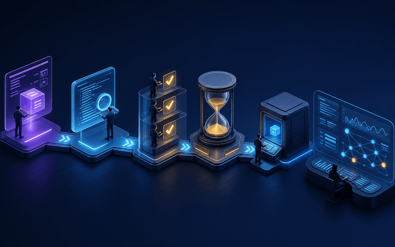 A smart contract upgrade passing through proposal, review, timelock, and controlled execution