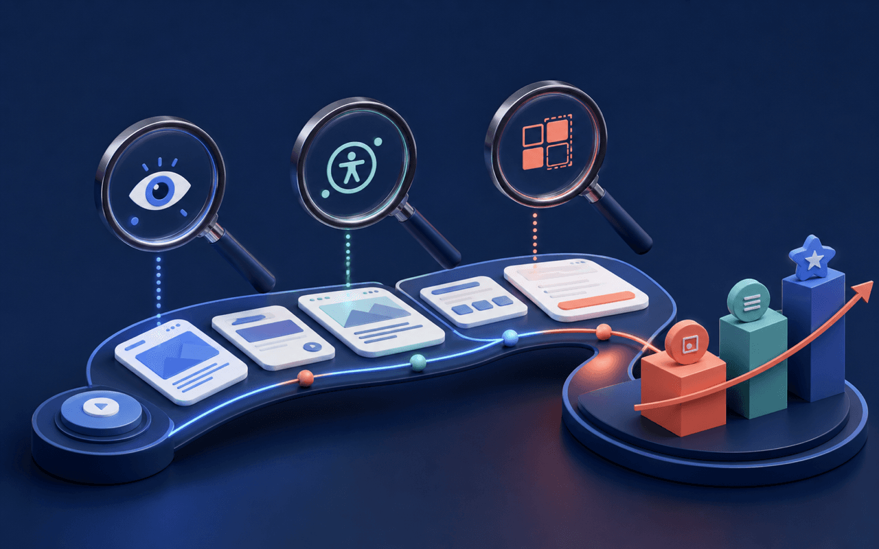 A digital product journey being examined through usability, accessibility, and evidence lenses