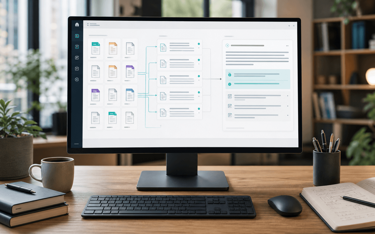 Knowledge documents connected to an AI retrieval workflow on a monitor
