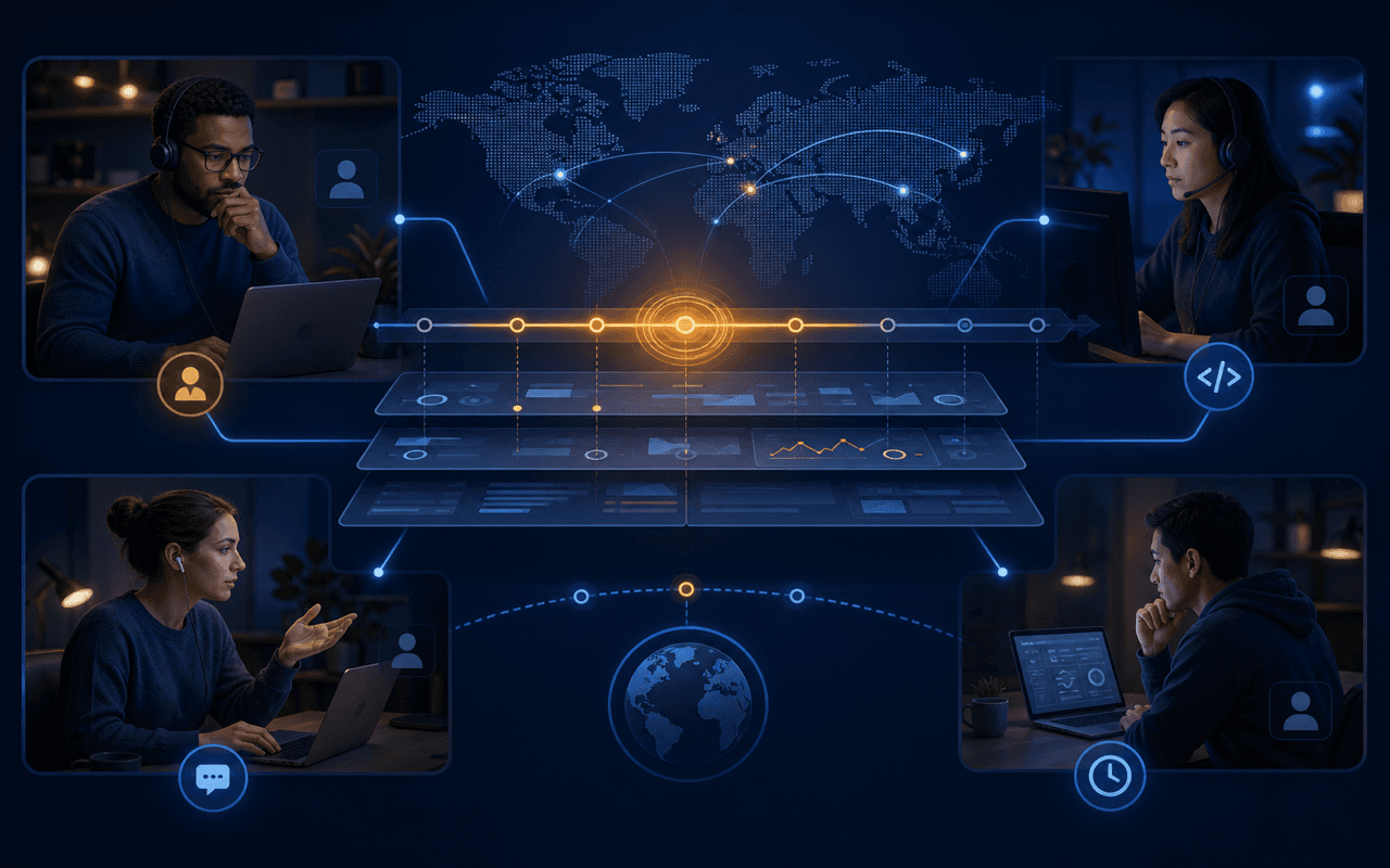 A distributed engineering team coordinating one production incident through clear roles and evidence
